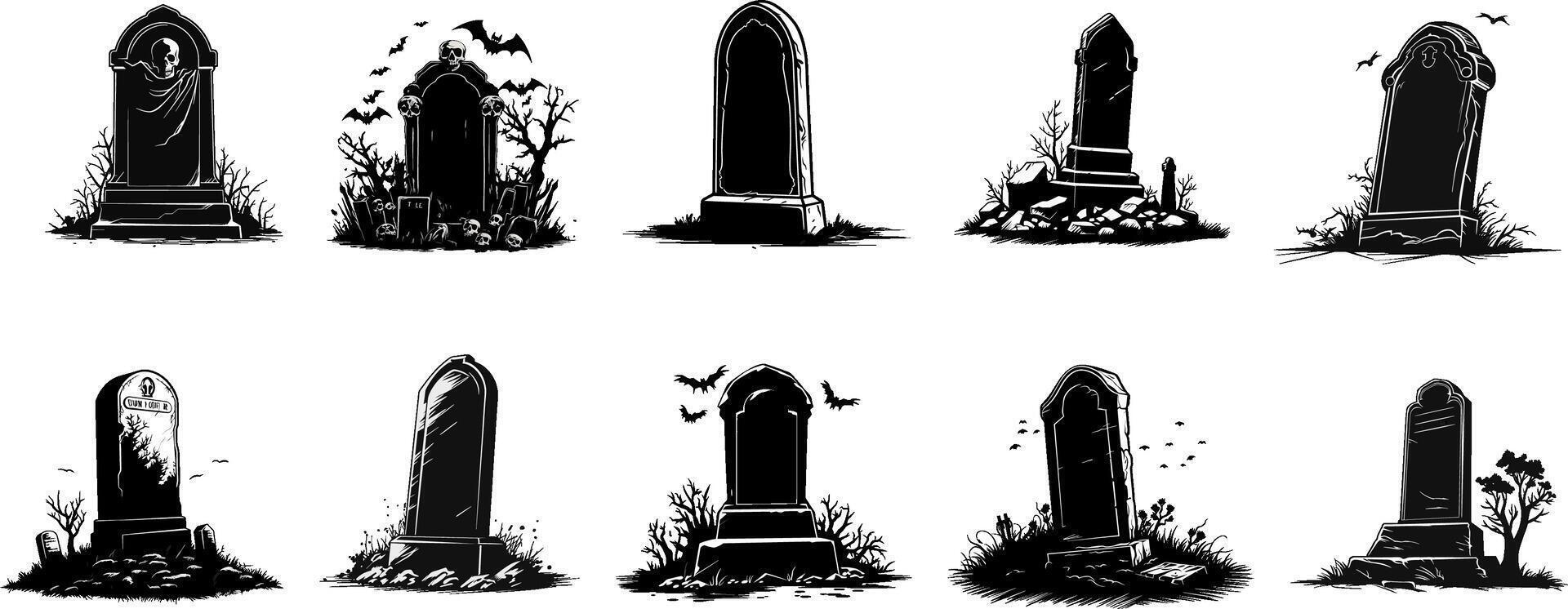 Halloween Elemente und Objekte zum Design Projekte. Grabsteine zum Halloween. uralt Ruhe in Frieden. Grab auf ein Weiß Hintergrund. vektor