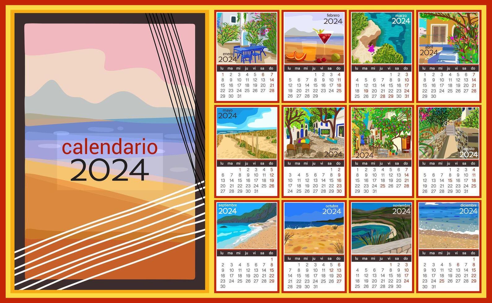kalender 2024 i spanska språk. färgrik en gång i månaden kalender med olika sydlig landskap. vektor