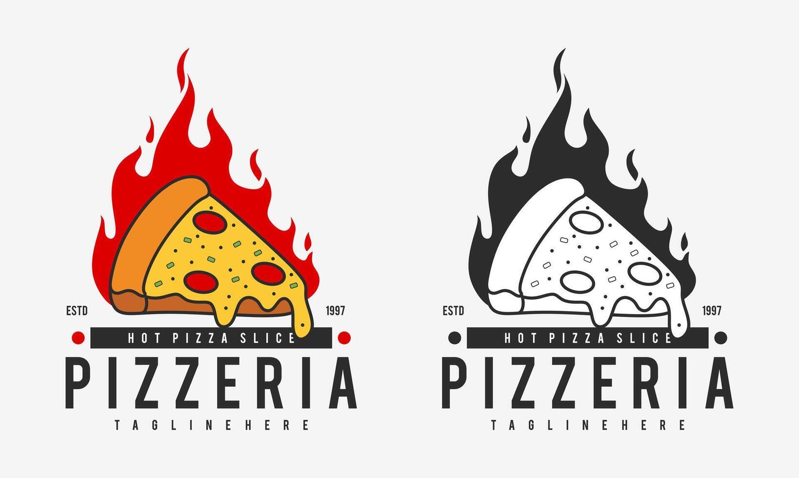 heiß Pizzeria Restaurant Jahrgang Logo Design. Pizza Scheibe Symbol zum Essen trinken und Restaurant. vektor