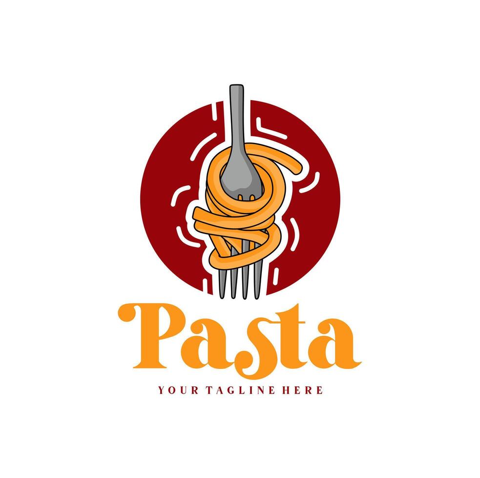 spaghetti pasta nudel logotyp illustration. pasta logotyp ikon med en kombination av spaghetti eller pasta, gaffel vektor