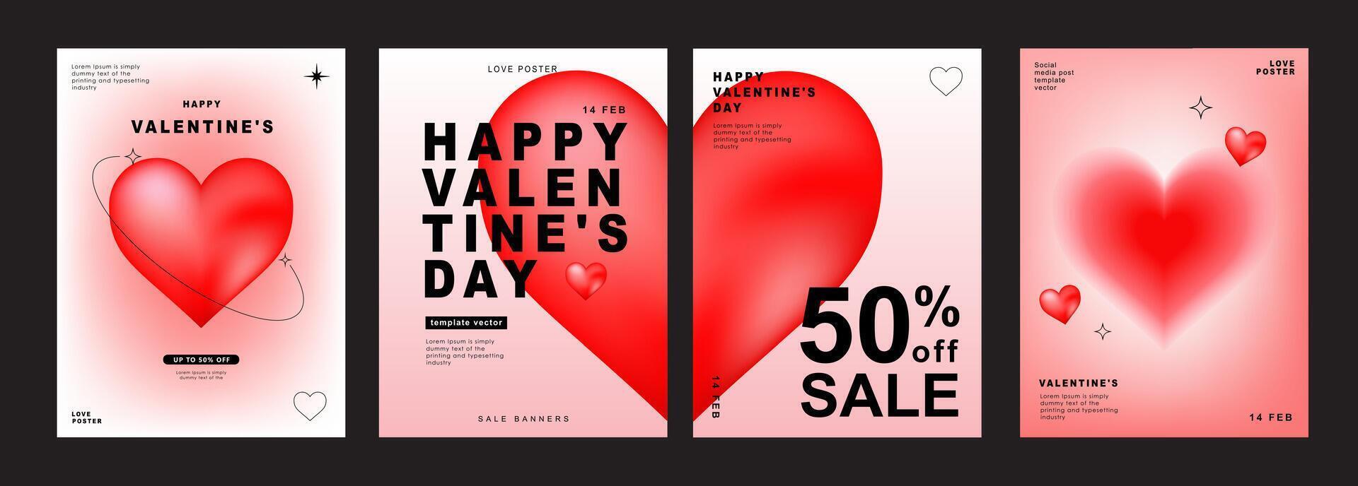 uppsättning av modern design mallar för valentines dag, kärlek kort, baner, affisch, omslag, inbjudan. trendig minimalistisk estetisk med gradienter och typografi, y2k bakgrunder. vektor illustration.