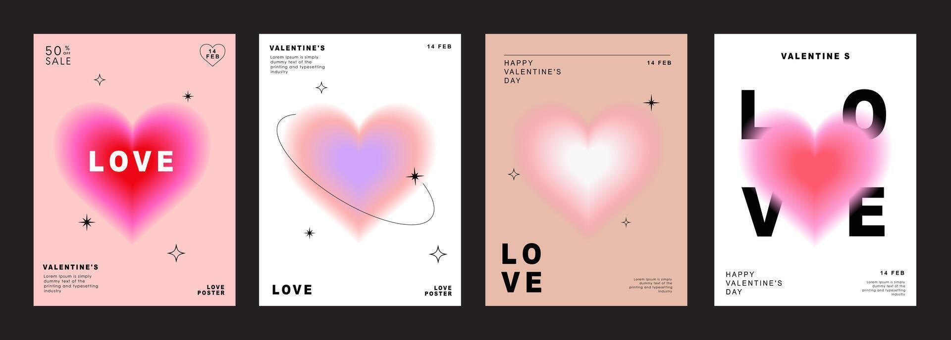 uppsättning av modern design mallar för valentines dag, kärlek kort, baner, affisch, omslag, inbjudan. trendig minimalistisk estetisk med gradienter och typografi, y2k bakgrunder. vektor illustration.