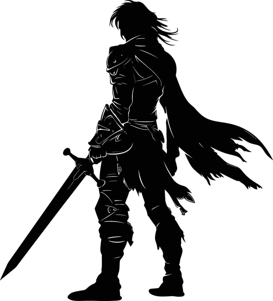 ai genererad silhuett älva eller älvor mytisk lopp från spel krigare håll svärd svart Färg endast vektor