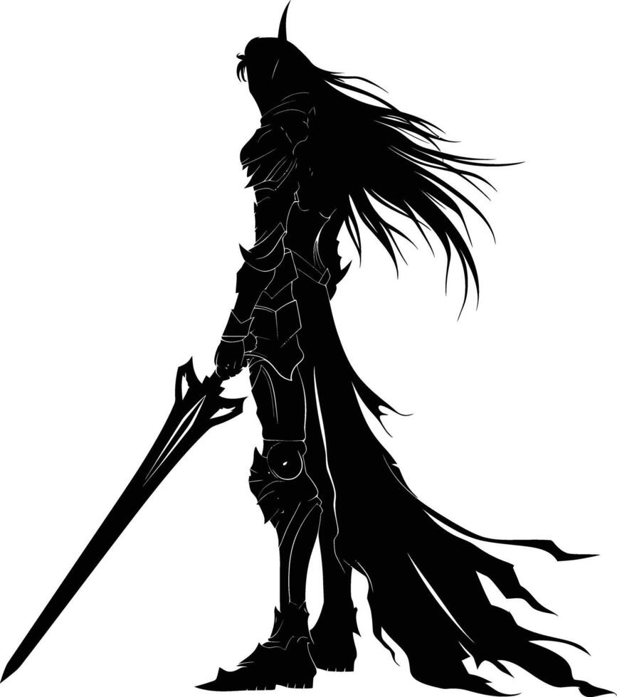 ai generiert Silhouette Elf oder Elfen mythisch Rennen von Spiel Krieger halt Schwert schwarz Farbe nur vektor