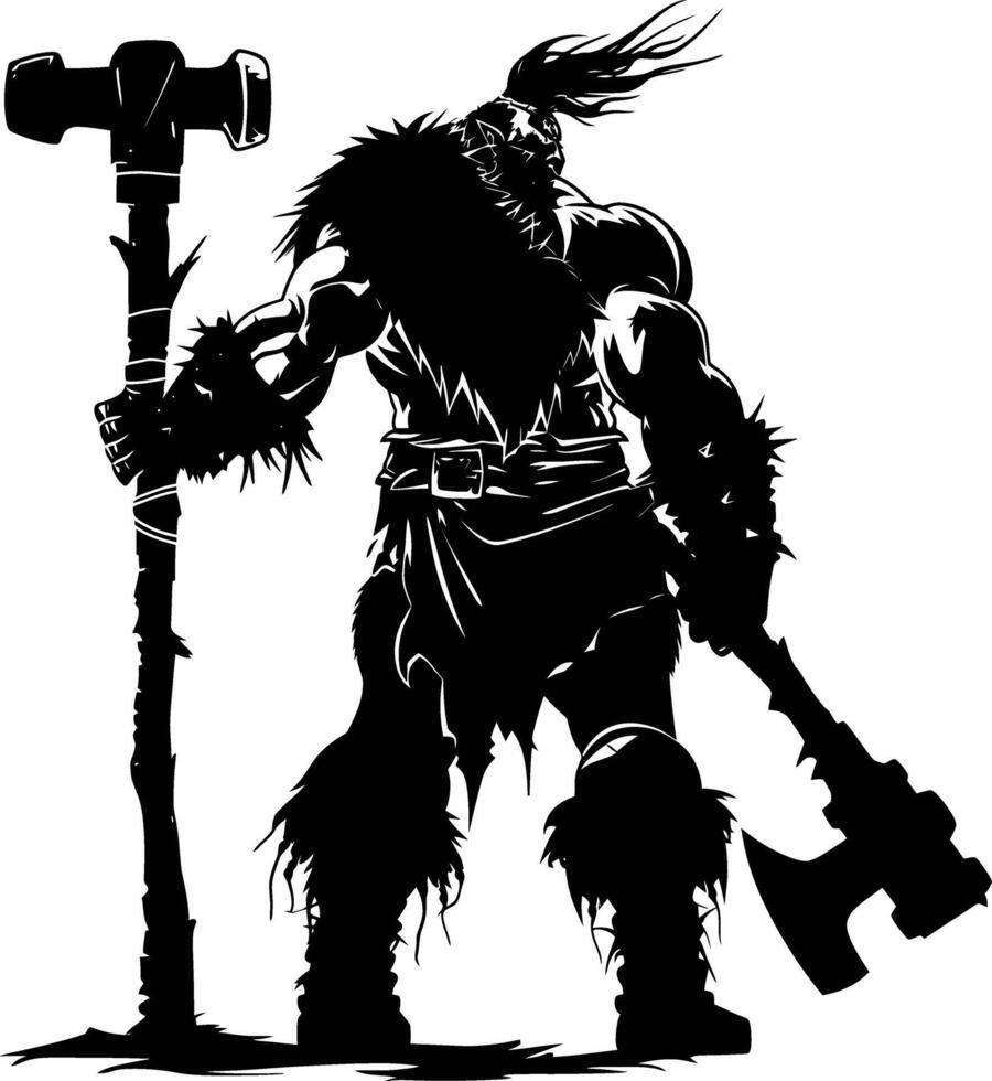 ai generiert Silhouette Ork mythisch Rennen von Spiel mit groß Hammer schwarz Farbe nur vektor