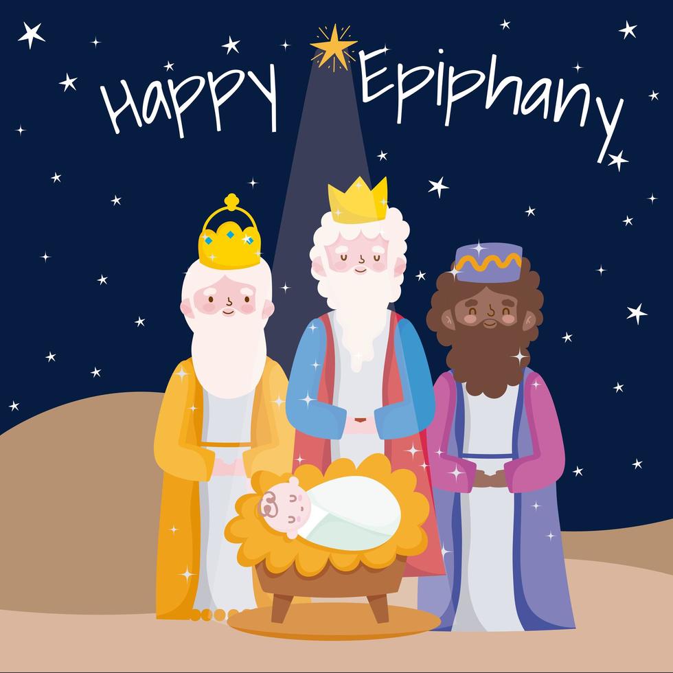 Happy Epiphany, drei weise Könige mit Baby Jesus Desert Night Card vektor