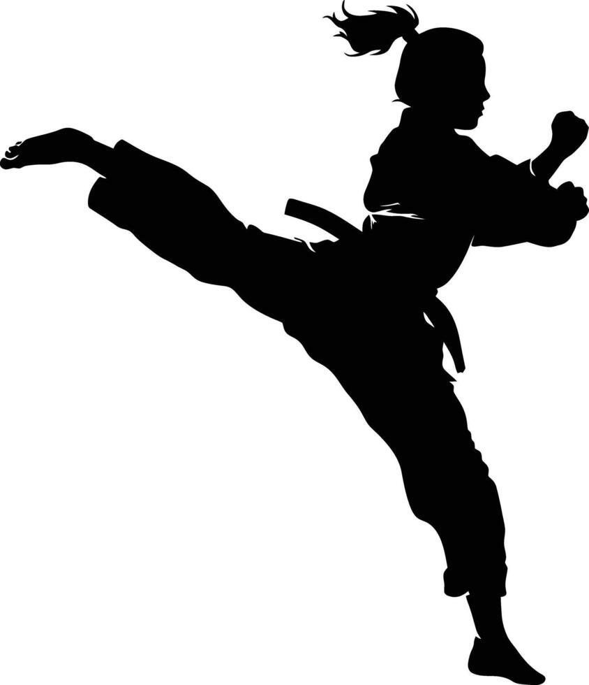 ai generiert Silhouette tae kwon tun oder Karate Mädchen trete voll Körper schwarz Farbe nur vektor