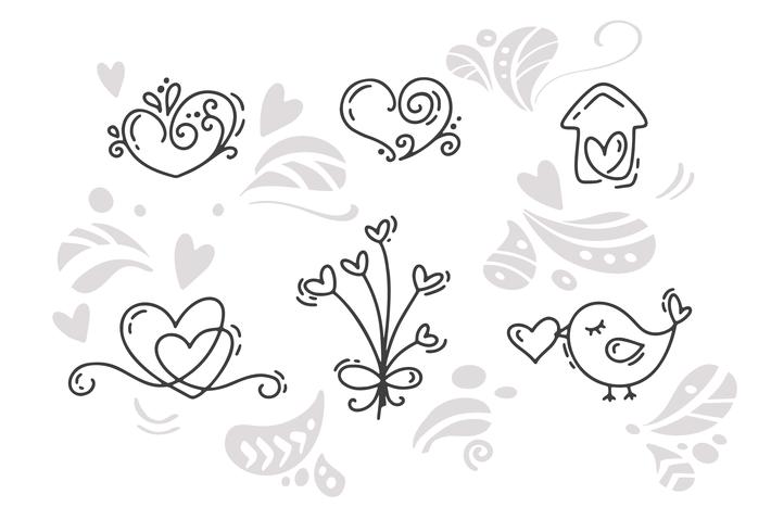 Vektor Monoline Valentines Day Hand gezeichnete Elemente. Fröhlichen Valentinstag. Feiertagsskizzen-Gekritzel Entwurfskarte mit Herzen. Getrennter Illustrationsdekor für Web, Hochzeit und Druck