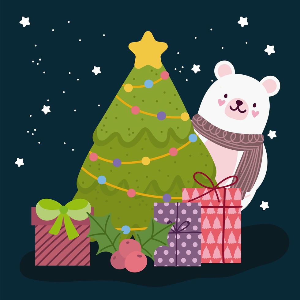 Frohe Weihnachten Eisbär mit Baum und Geschenken Feier vektor