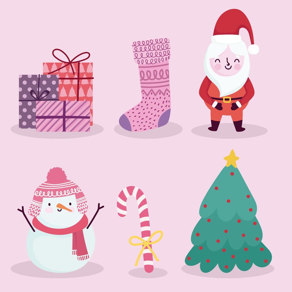 god jul ikoner som santa snögubbe godis sockerrör strumpa gåvor och träd vektor