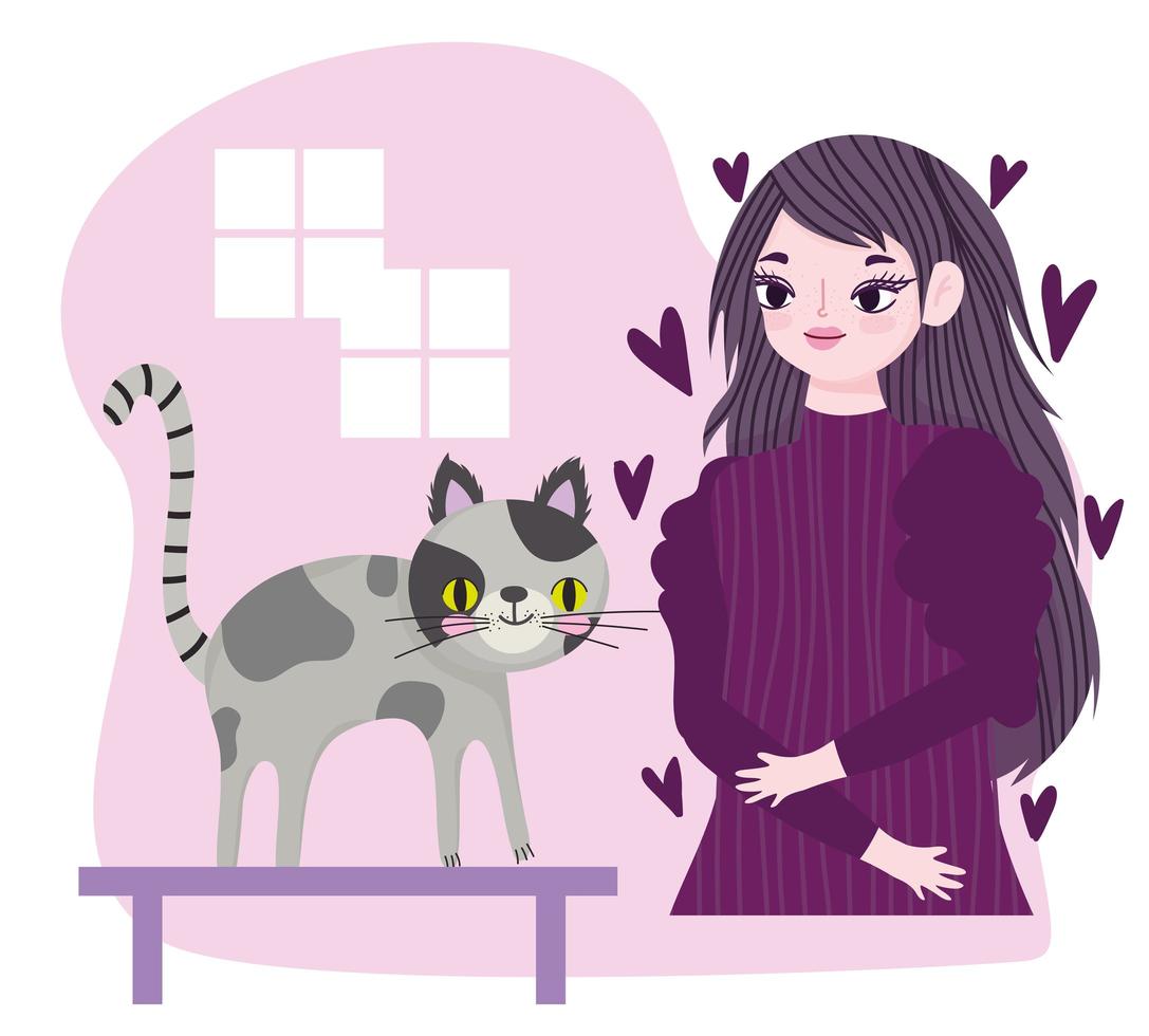 Schönheitsfrau mit Katzenhaustier auf Tischkarikatur vektor