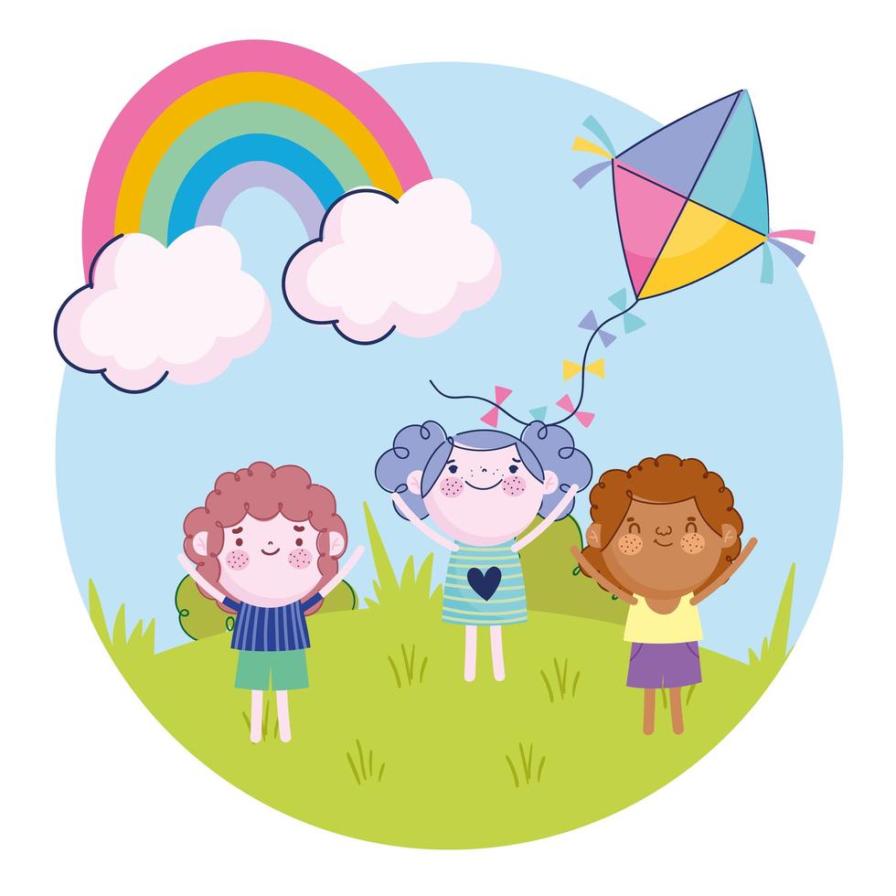 glückliches Mädchen und Jungen mit Drachenregenbogen im Freienkarikatur, Kinder vektor