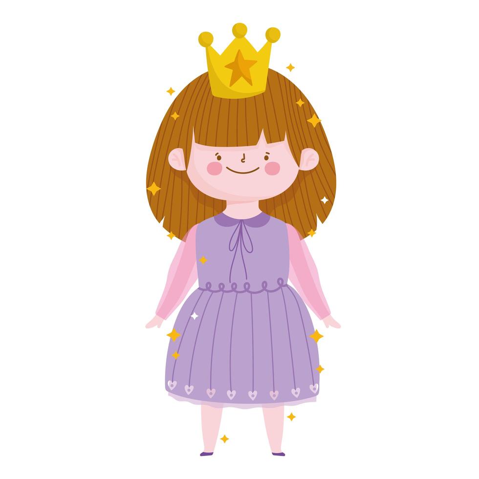 prinsessa liten flicka med kronlila klänning seriefigur vektor