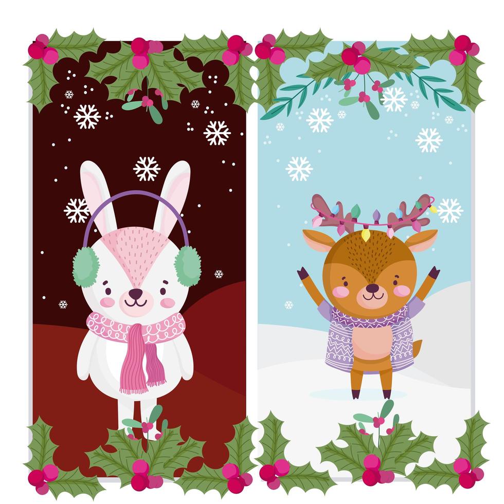 god jul, söta renar och kaniner med halsduksljus och holly berry gratulationskort vektor