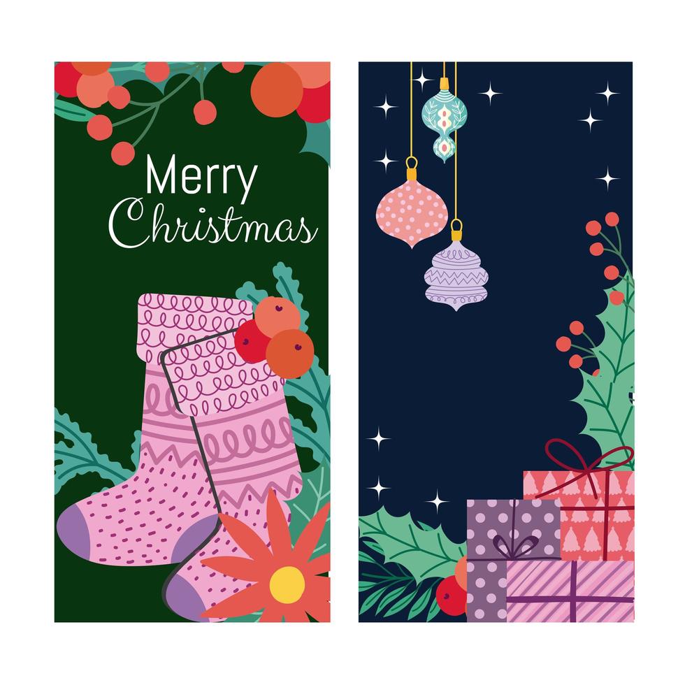 Frohe Weihnachten Strumpf Blumenbälle und Geschenke Banner vektor
