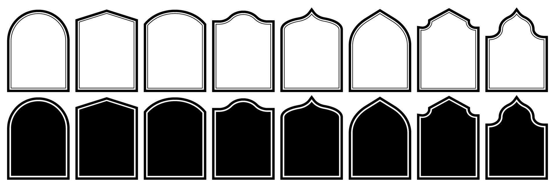 einstellen von Rahmen. islamisch Silhouette von Türen und Fenster. Vektor Illustration im Stil von Arabisch Bogen Design.