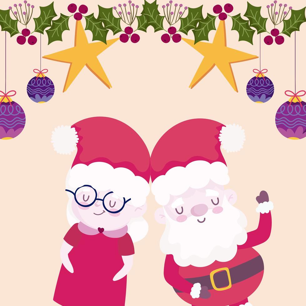 frohe weihnachten, süßer weihnachtsmann und frau claus sterne und kugeln dekoration vektor