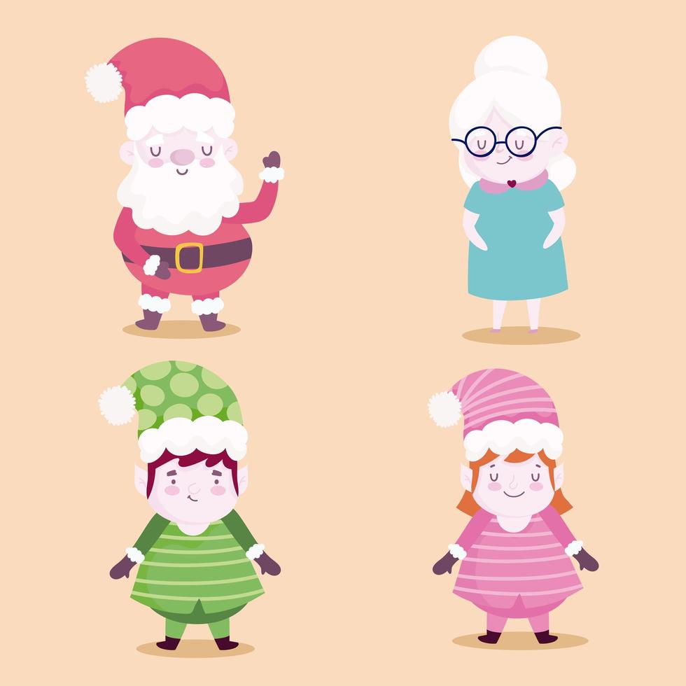 Frohe Weihnachten, Herr, Frau Claus und Helfer Charaktere Icons Design vektor