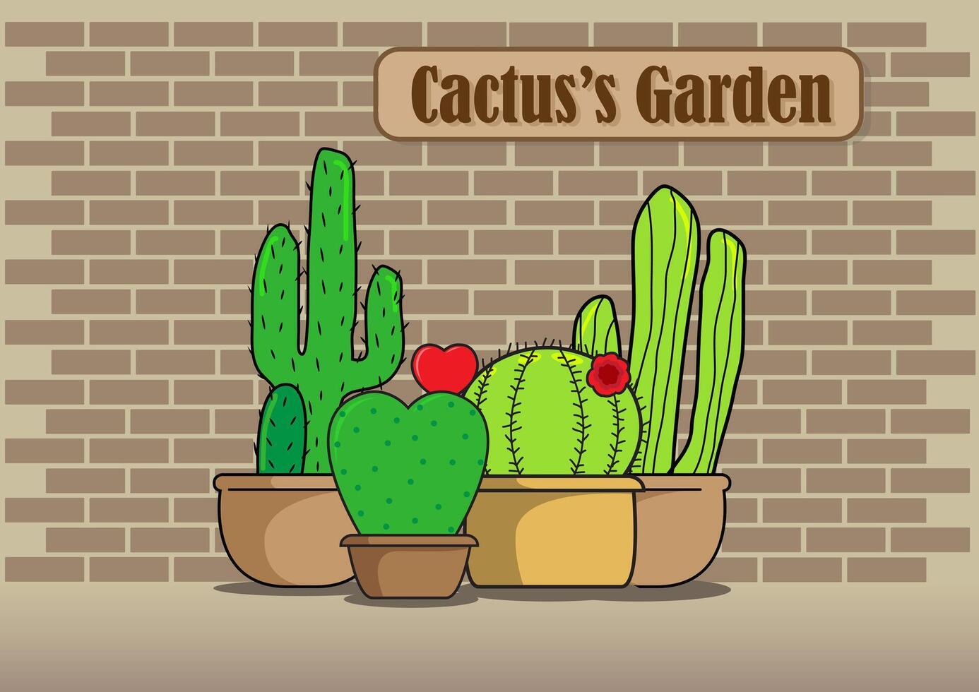grupp av kaktus och kaktusar trädgård lydelse på brun märka främre av tegel vägg bakgrund. vektor
