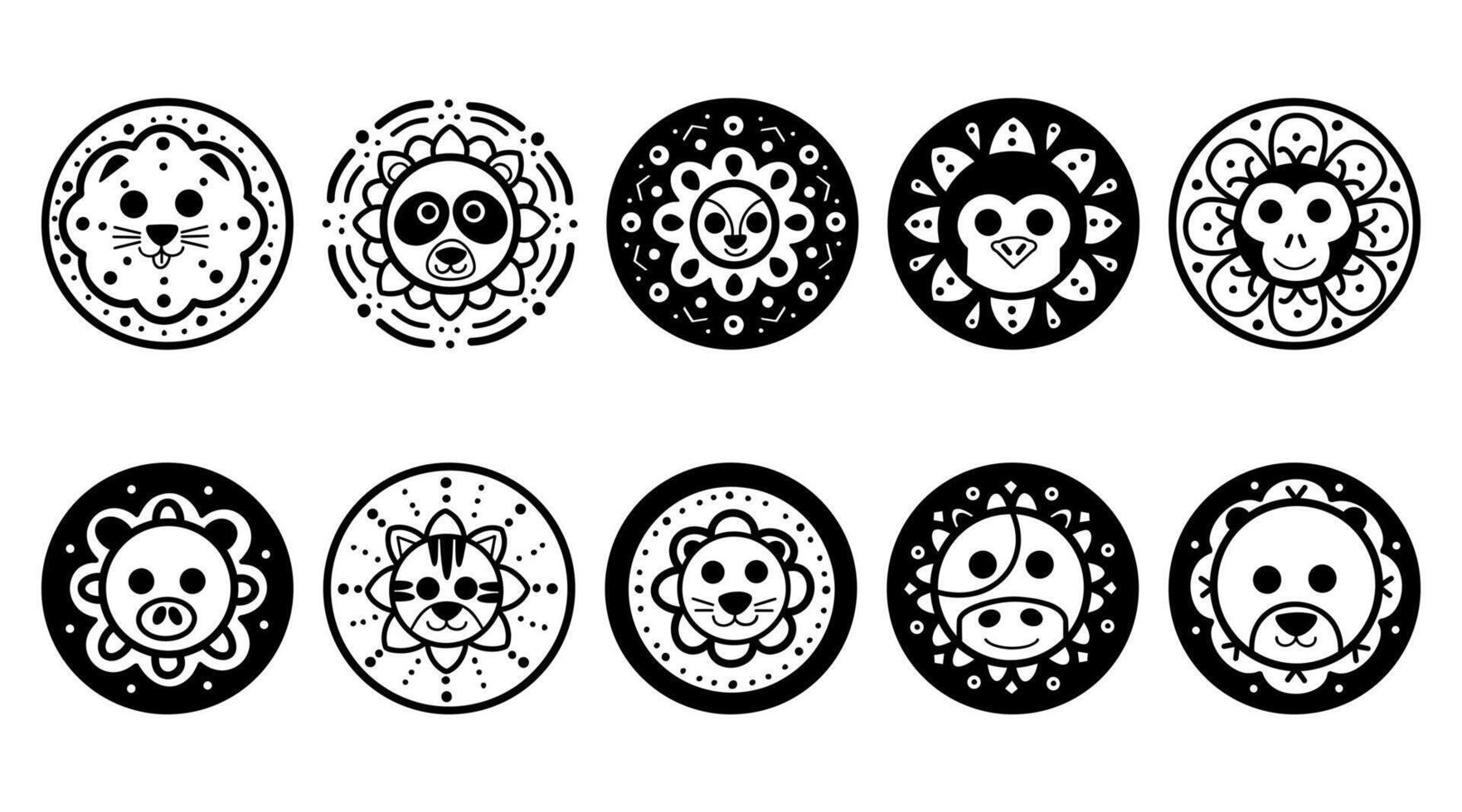 söt djur- mandalas samling, hand dragen svart och vit design, vektor illustration.