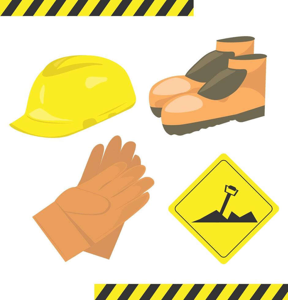 säkerhet projekt Utrustning uppsättning. hjälm, handske, skor och tecken styrelse vektor illustration