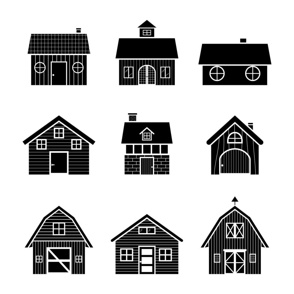 einstellen von Silhouette Scheune Bauernhof und Haus Gebäude Symbol Design Vektor Illustration