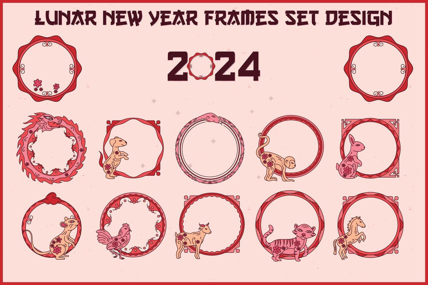 lunar ny år ramar uppsättning design, drake, apa, häst vektor