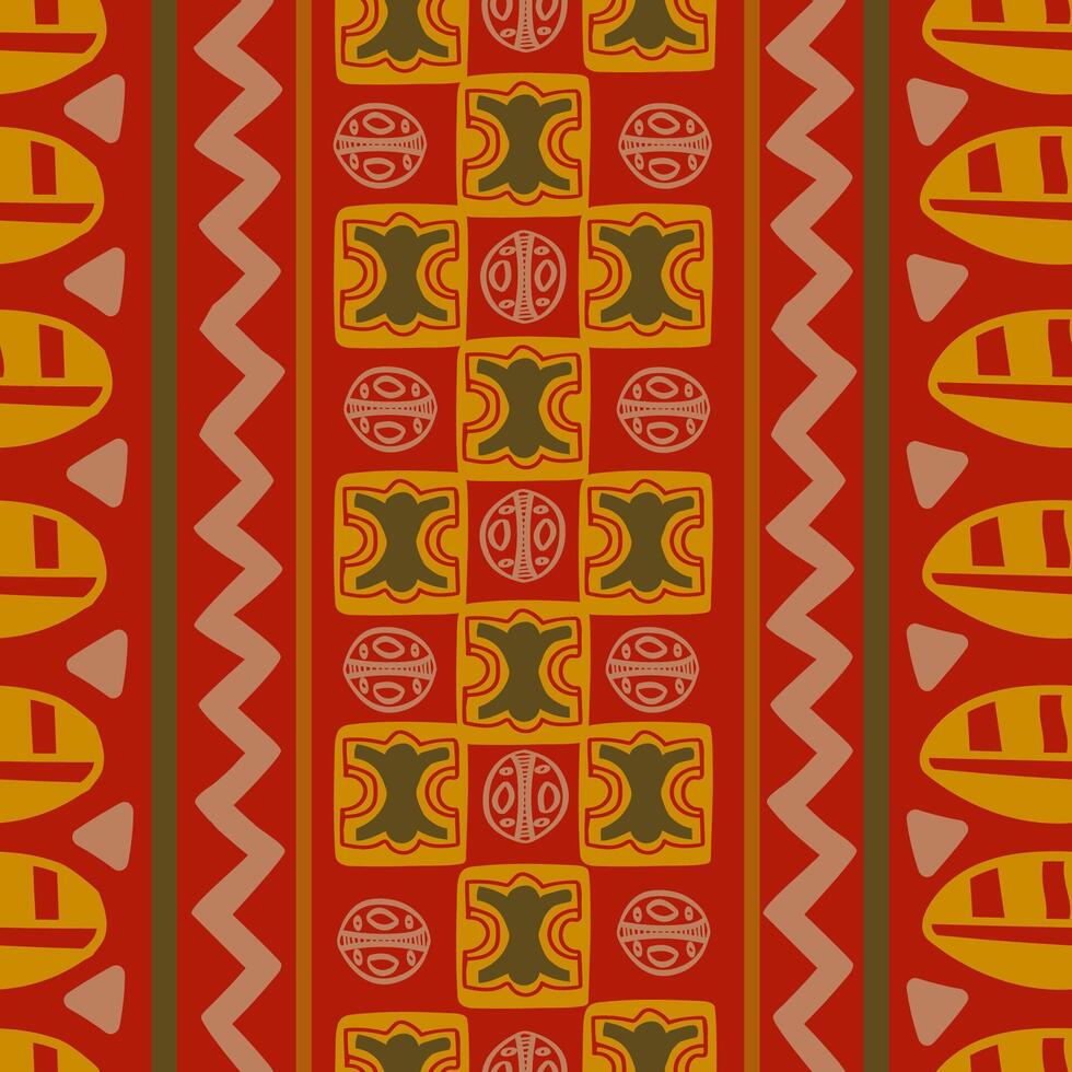 einheimisch abstrakt geometrisch Muster zum Stoff, Textil- oder Hintergrund gemacht auf rot Hintergrund. Vektor Illustration. Rot, Gelb, Grün, grau