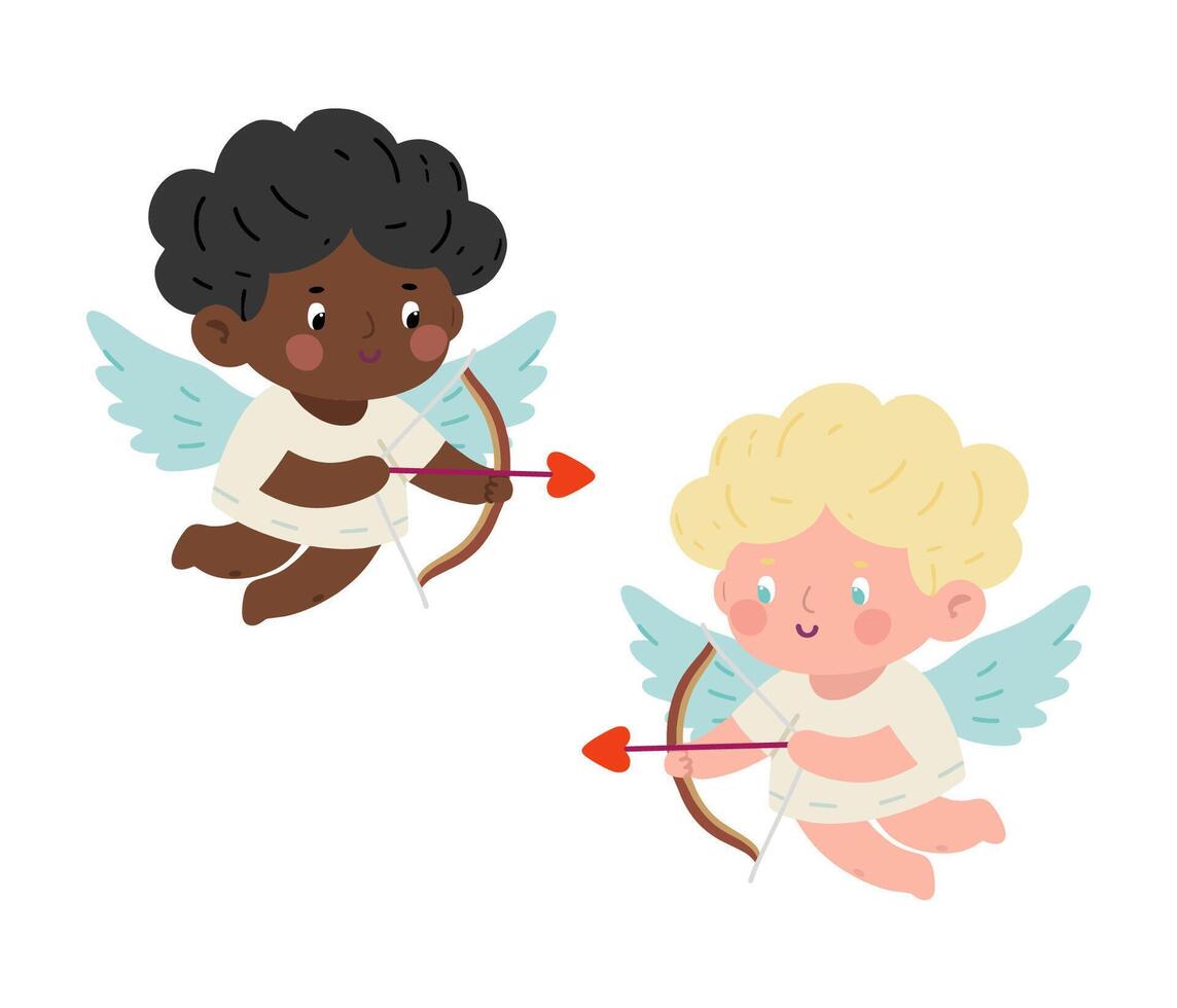 uppsättning av två söt cupid illustrationer för hjärtans dag. valentine ClipArt för barn i mjuk färger och platt syle vektor