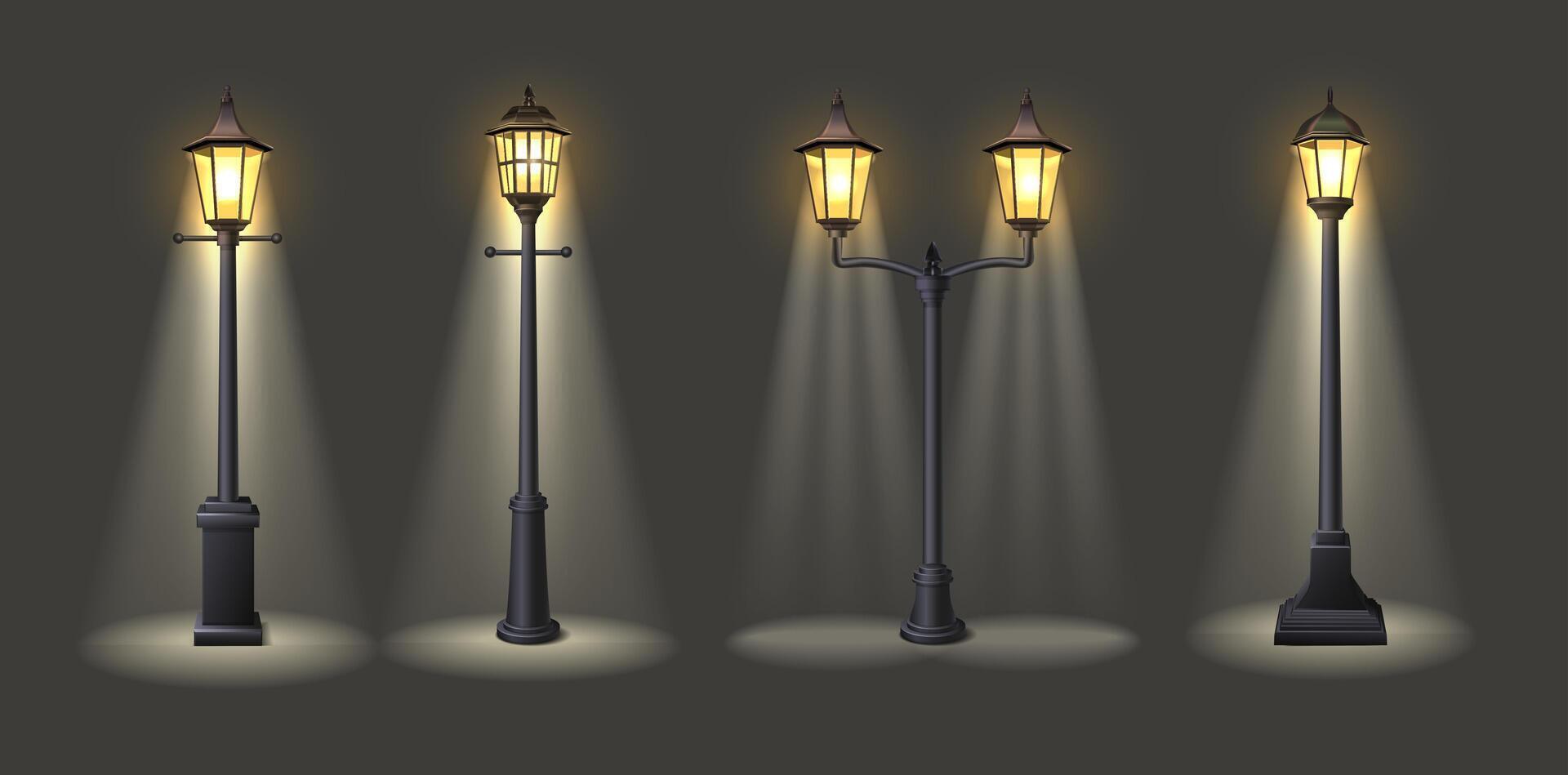 3d realistisch Vektor Symbol Illustration. Straße Lampen mit Licht auf dunkel Hintergrund.