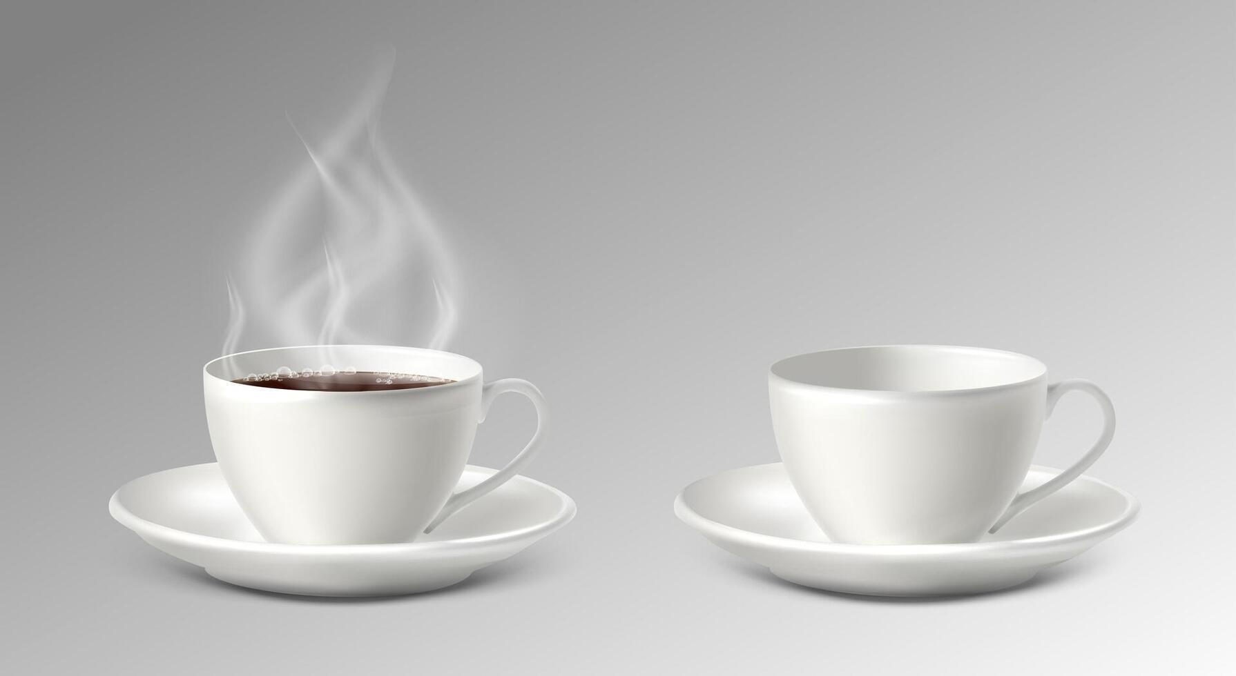 3d realistisch Vektor Symbol Illustration. Weiß Porzellan Tasse mit sauser mit Kaffee und leer.