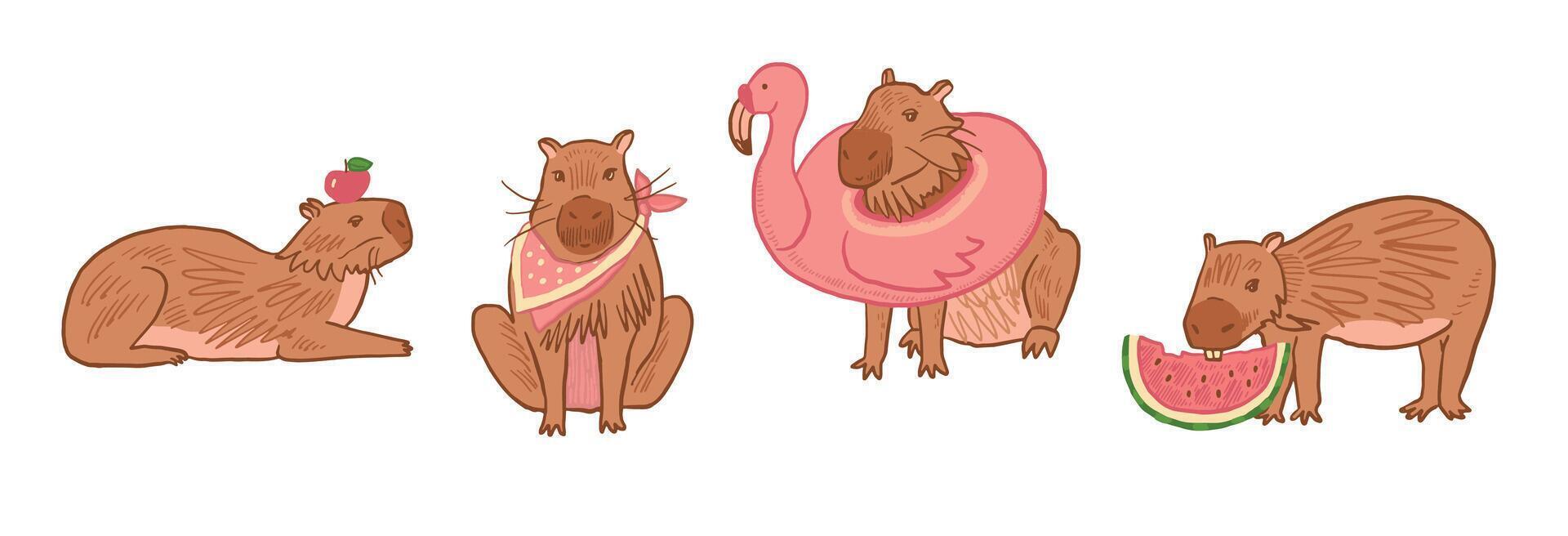 capybara söt djur- vektor illustrationer uppsättning.