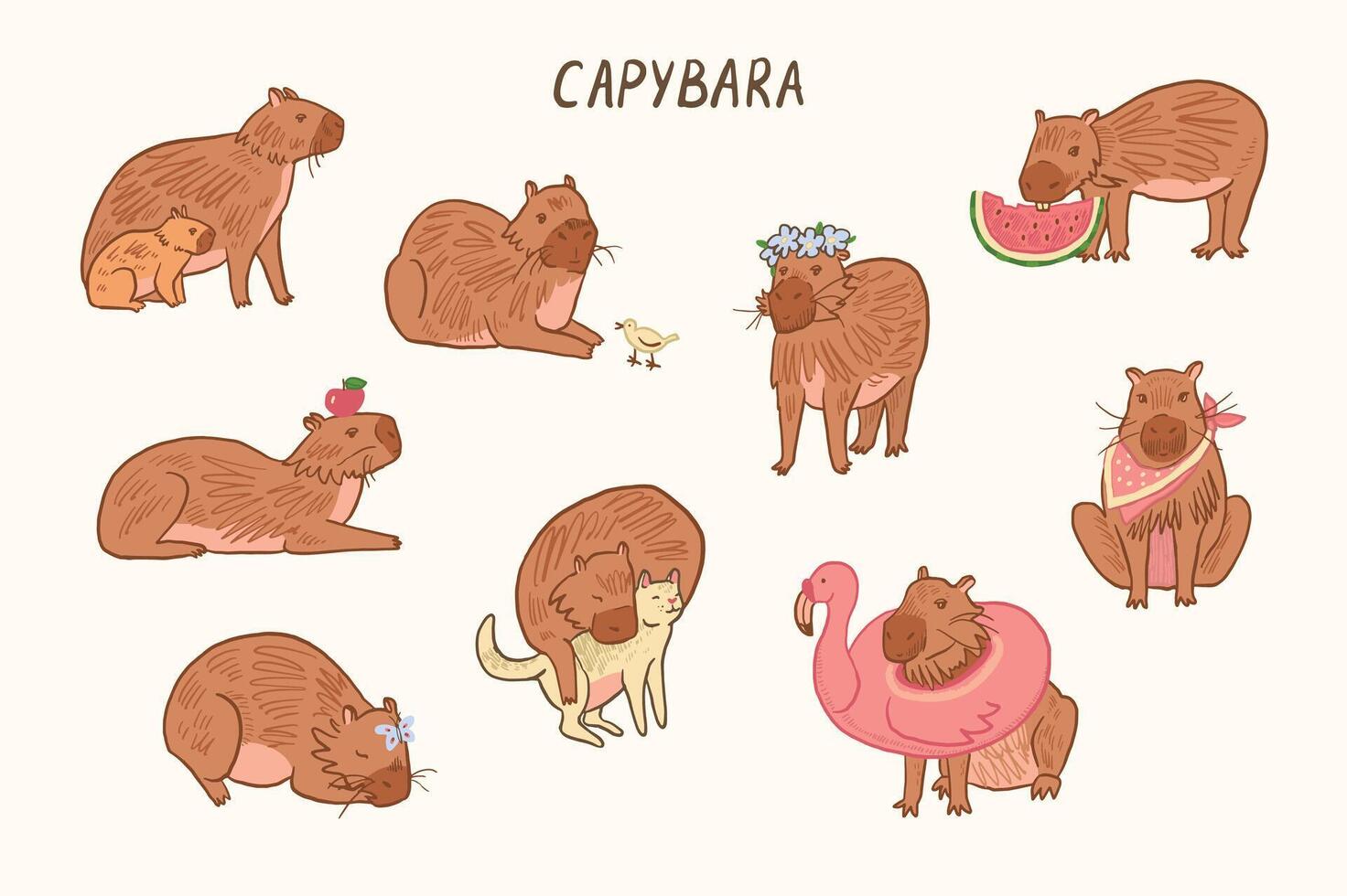 Capybara süß Tier Vektor Abbildungen Satz.