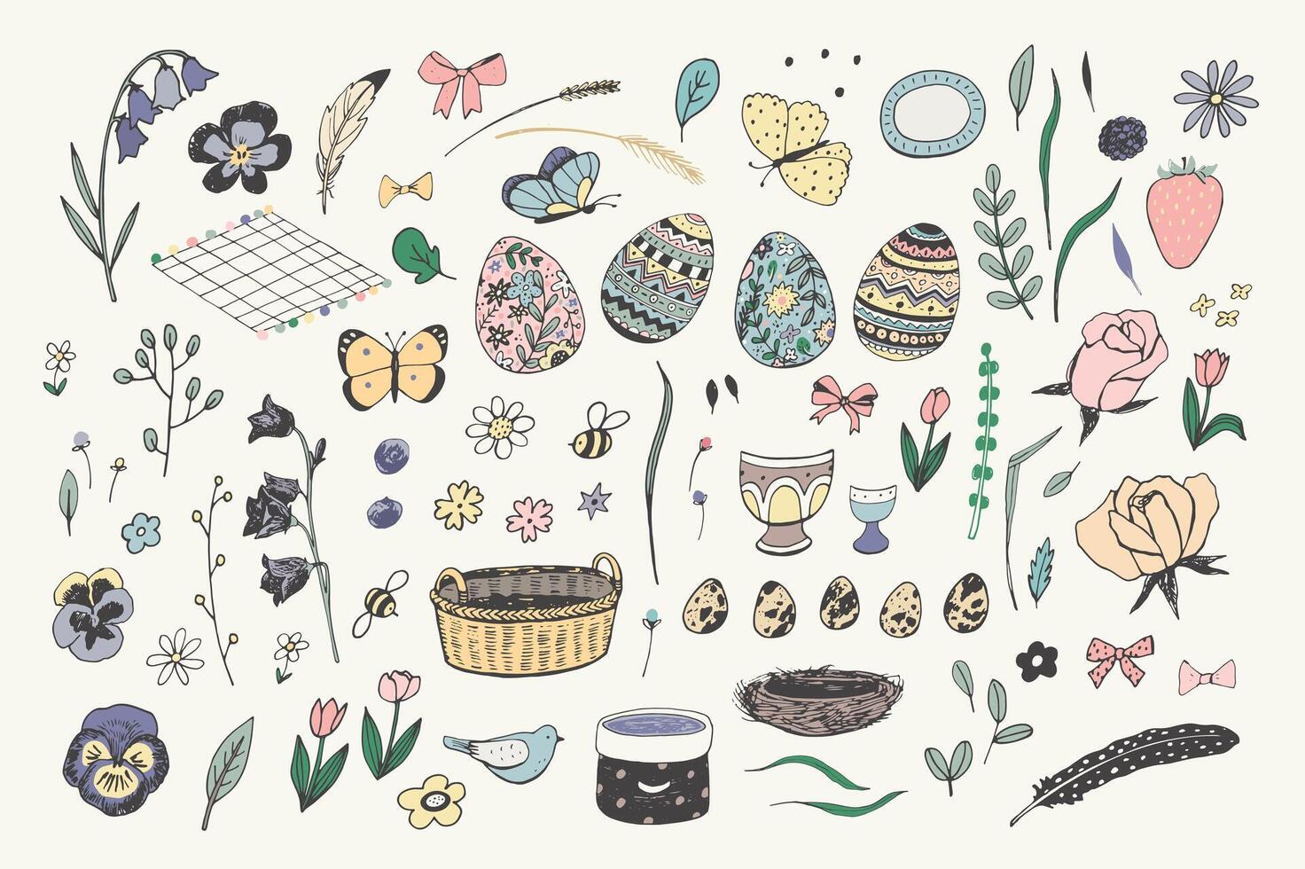 påsk ägg, kaniner, kyckling, blommor vår vektor illustrationer uppsättning.