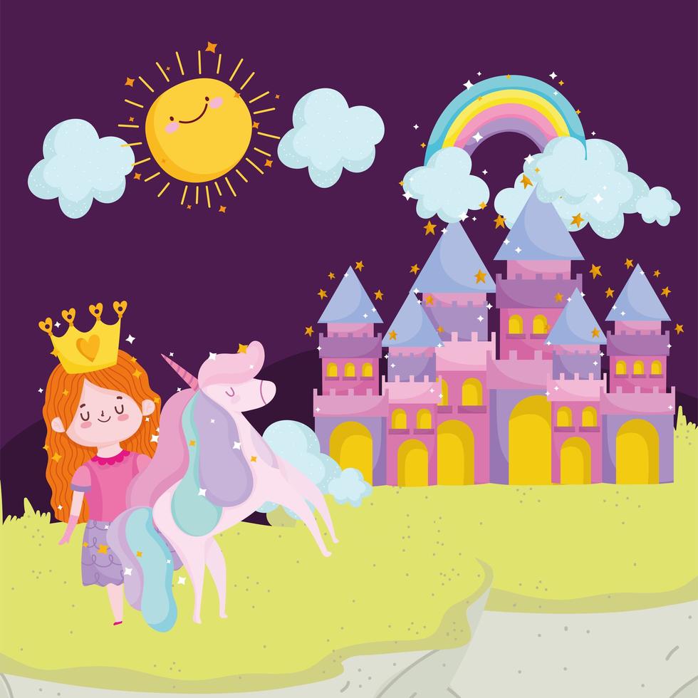 Prinzessin Märchen Einhorn Schloss Regenbogen Sonne Wolken Himmel Cartoon vektor