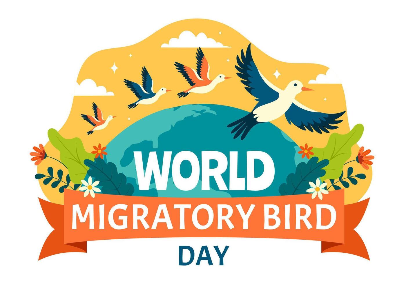 värld flyttande fågel dag vektor illustration med fåglar migrationer grupper och deras livsmiljöer för levande vatten- ekosystem i platt tecknad serie bakgrund
