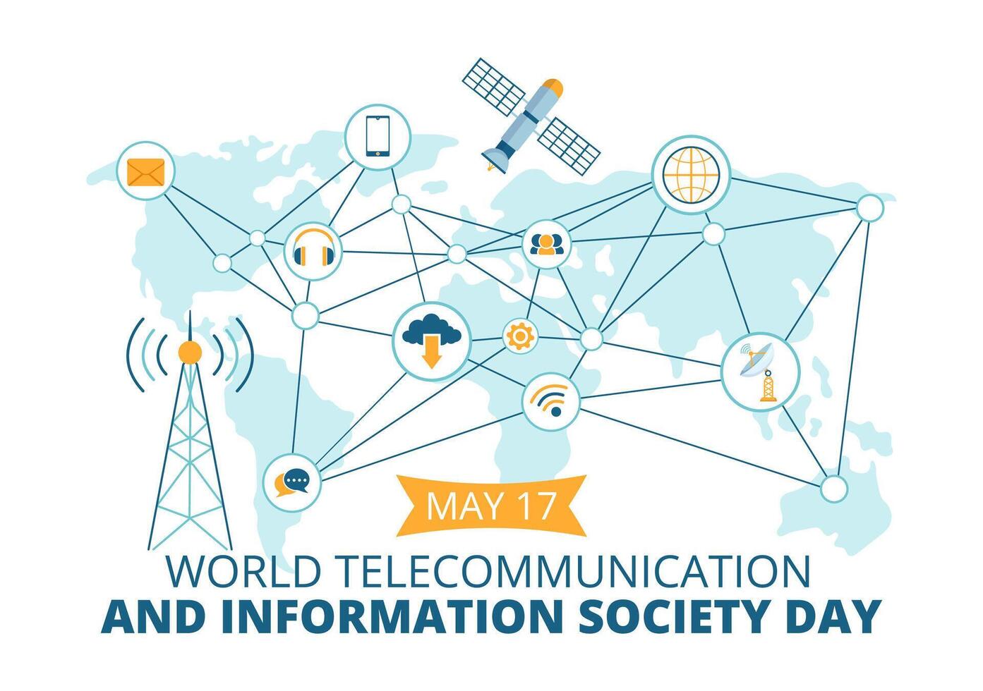 värld telekommunikation och information samhälle dag vektor illustration på Maj 17 med kommunikation nätverk tvärs över jord klot i platt bakgrund