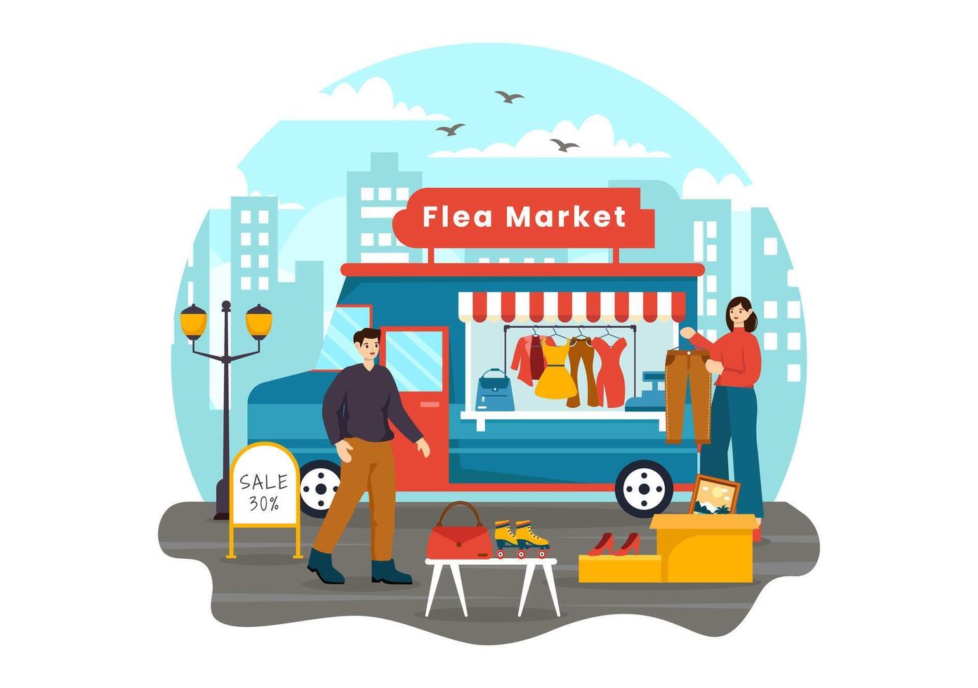 Floh Markt Vektor Illustration mit zweite Hand Geschäft mit Käufer, Tauschen treffen, Verkäufer und Kunden beim Wochenende im Geschäft eben Hintergrund