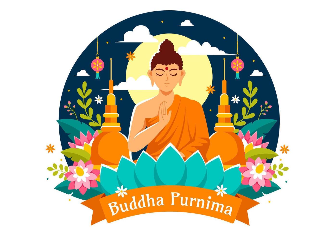 Lycklig buddha purnima vektor illustration av Vesak dag eller indisk festival till andlig med i en djup meditation i platt tecknad serie bakgrund