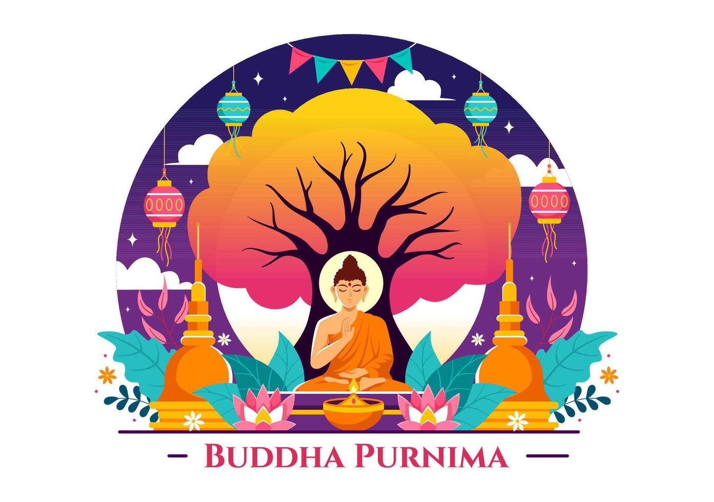 glücklich Buddha Purnima Vektor Illustration von vesak Tag oder indisch Festival zu spirituell mit im ein tief Meditation im eben Karikatur Hintergrund