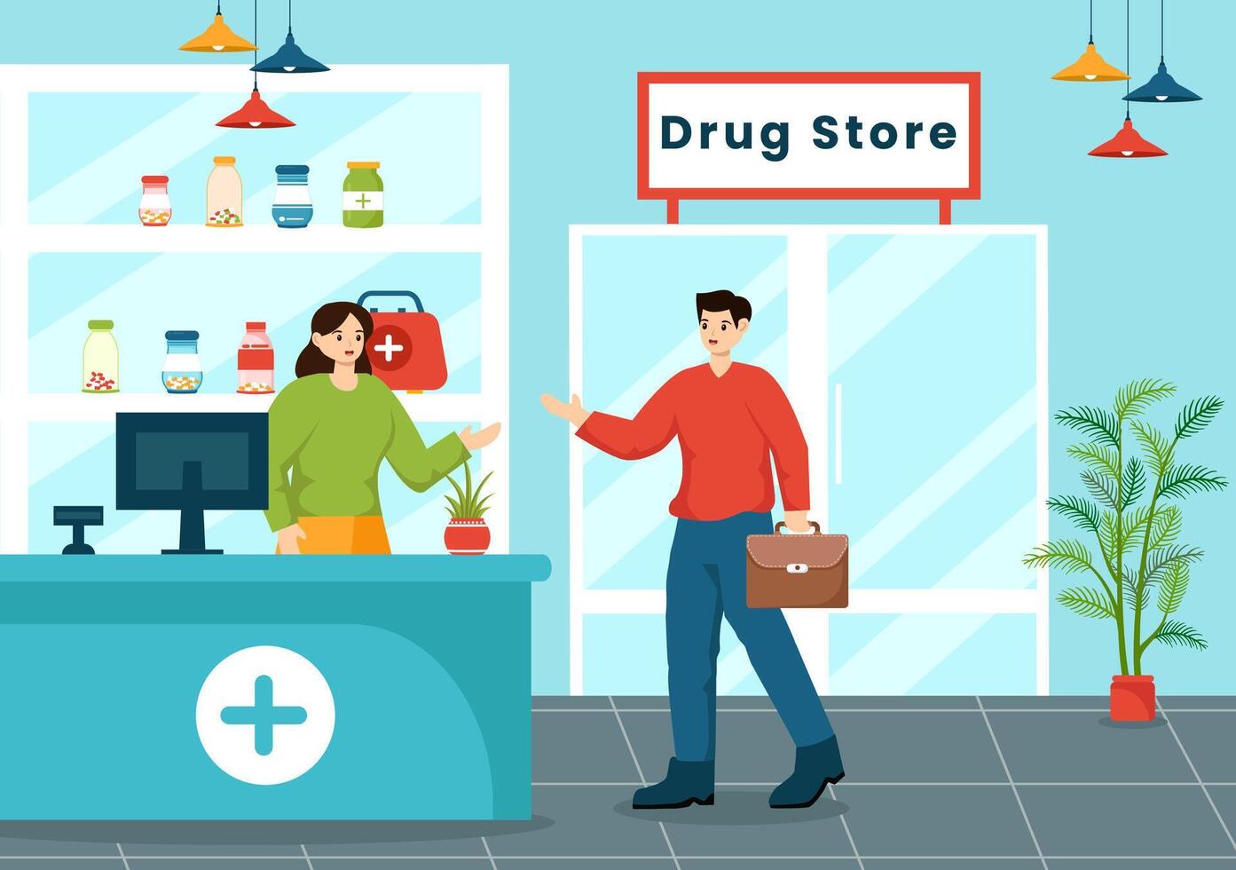 läkemedel Lagra vektor illustration med affär för de försäljning av läkemedel, en apotekare, medicin, kapslar och flaska i sjukvård platt tecknad serie bakgrund