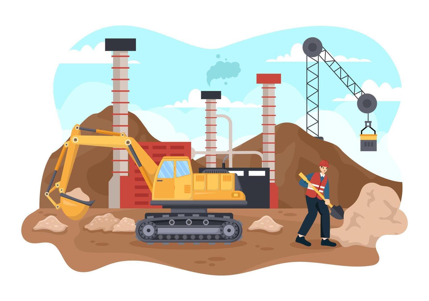 Bergbau Unternehmen Vektor Illustration mit schwer Gelb Kipper Lastwagen zum Sand Bergwerk industriell Prozess oder Transport im eben Karikatur Hintergrund