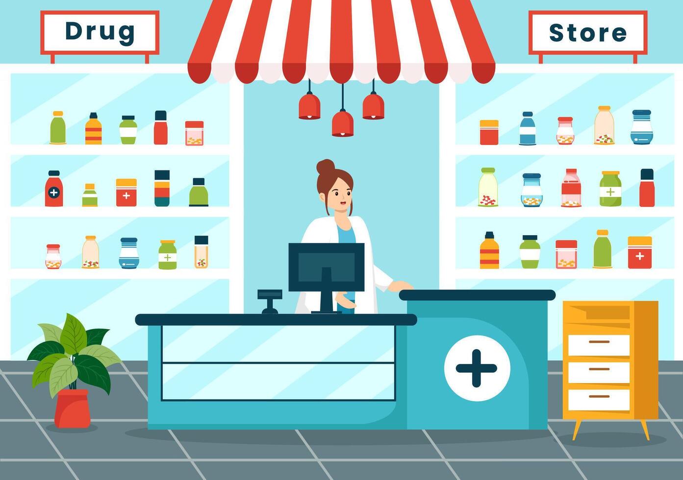 läkemedel Lagra vektor illustration med affär för de försäljning av läkemedel, en apotekare, medicin, kapslar och flaska i sjukvård platt tecknad serie bakgrund