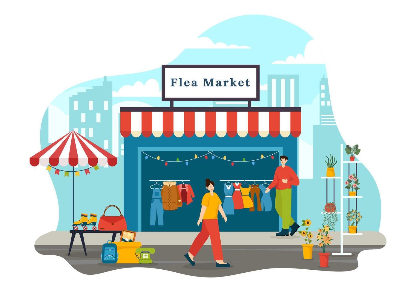loppa marknadsföra vektor illustration med andra hand affär med shoppare, byta träffa, säljare och kunder på helgen i företag platt bakgrund