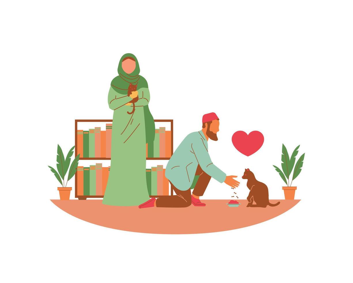 muslim man och kvinna kärleksfull och matning de katter i de levande rum. modern platt stil vektor av djur- adoption och främja illustration.