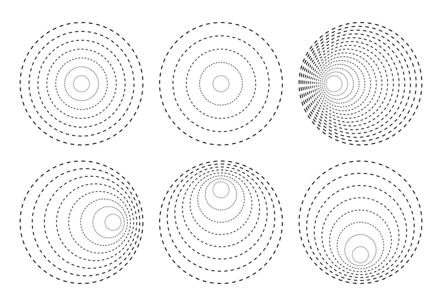 skriv ut cirklar prickad rader, konvergerande cirkulär ringar av streckad linje cirklar. vektor