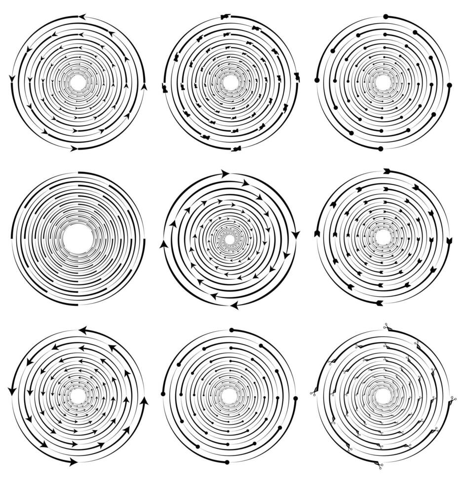 kreisförmig konzentrisch Pfeile, rotierend Kreise Wirbel mit radial. vektor