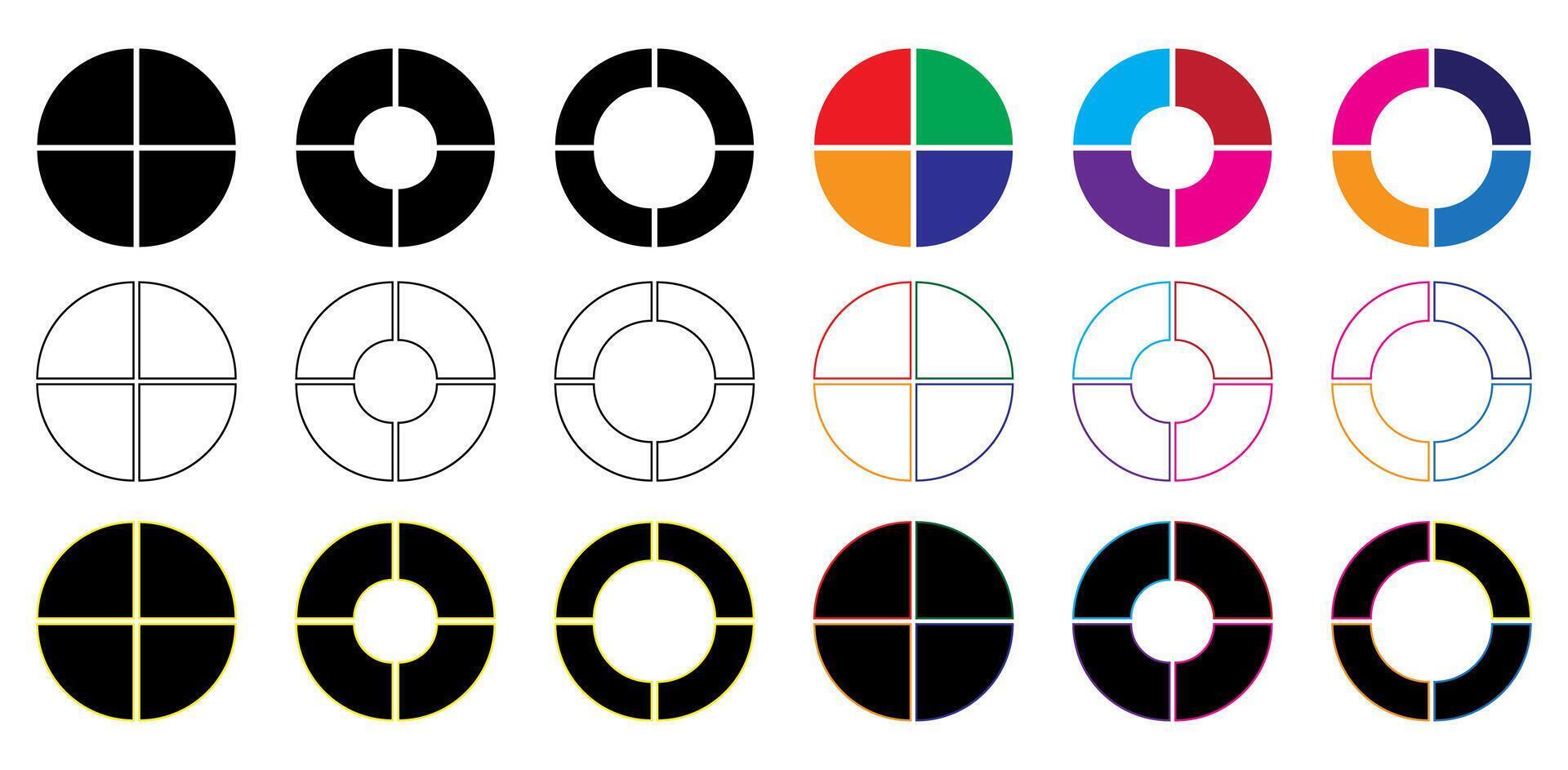 Vektor einstellen von vier Teile von ein Kreis. Kuchen Diagramm mit vier gleich Größe Sektoren auf ein Weiß Hintergrund.