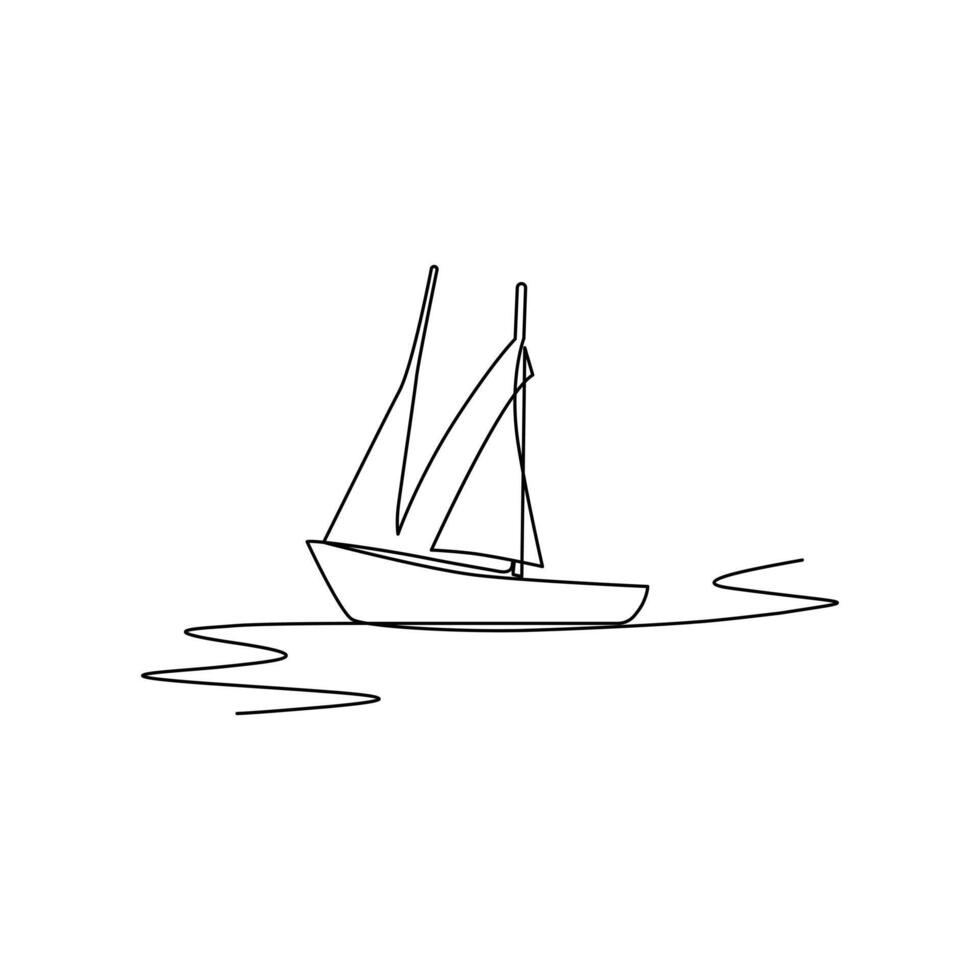kontinuerlig en linje teckning av en segelbåt på hav vågor och översikt linje vektor konst av en hav båt isolerat illustration