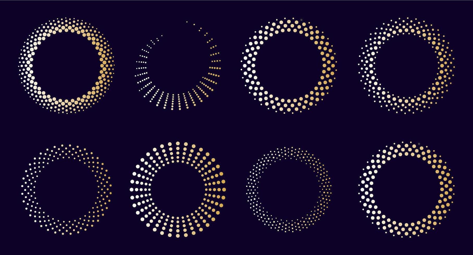 gyllene prickad abstrakt ramar uppsättning. pop- konst halvton lutning bakgrunder i guld Färg. mörk bakgrund. vektor